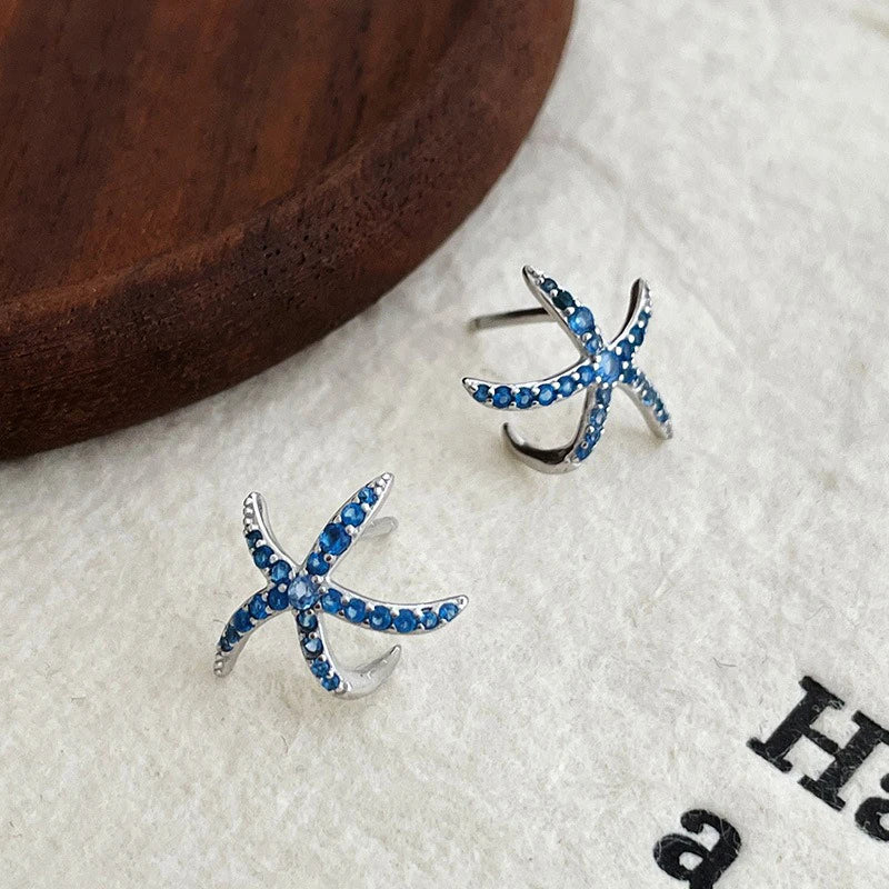 TrustDavis 925 Sterling Silver Women's Fashion Simple Blue Starfish Stud Earrings for Women Girls Birthday Jewelry Gift DS4678