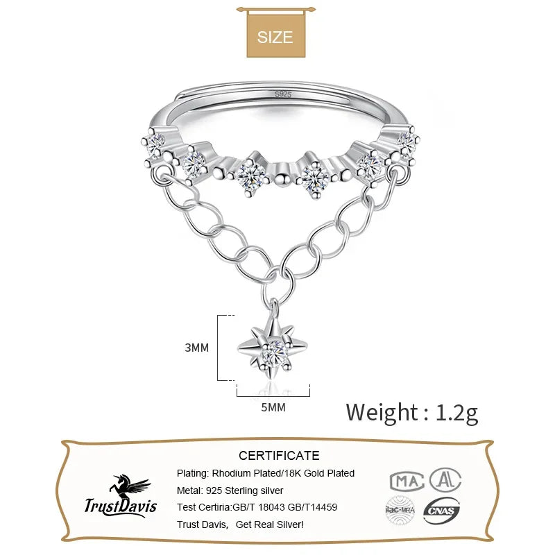 TrustDavis Real 925 Sterling Silver Sweet Double Layer Chain CZ Opening Rings For Women Wedding Party Fine S925 Jewelry DA2570