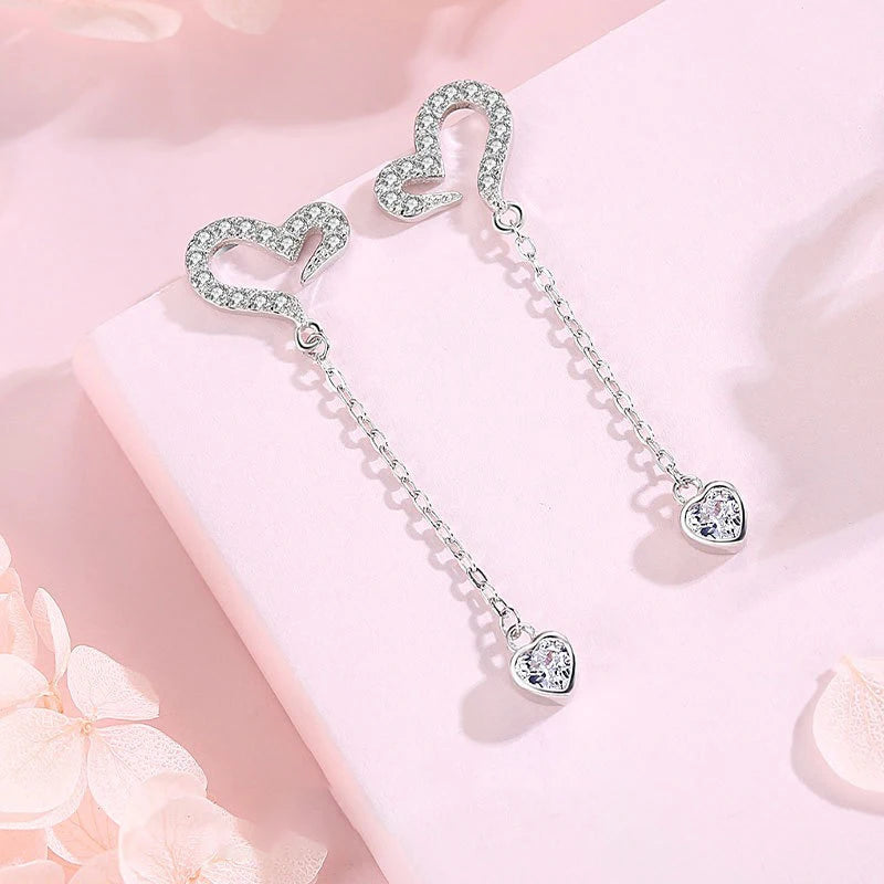 TrustDavis 925 Sterling Silver Women's Fashion Heart-shaped Asymmetric Zircon Drop Earrings for Women Girls Jewelry Gift DS4346