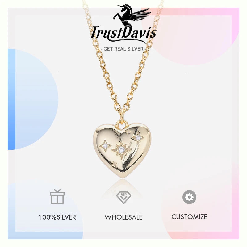 TrustDavis Real 925 Sterling Silver Fashion Simple Heart-shaped pendant necklace for Women Girls Gift Fine Jewelry DS4683