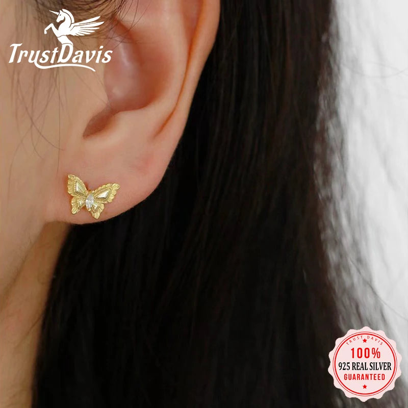 TrustDavis 925 Sterling Silver Women's Fashion Simple Butterfly Zirconia Earrings for Women Girls Birthdays Jewelry Gift DS4701