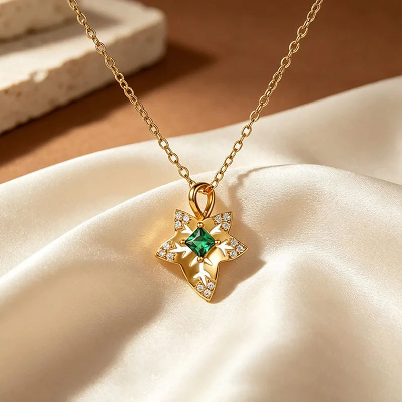 Leaf-shaped Emerald Zircon Stacked Necklace DS4897