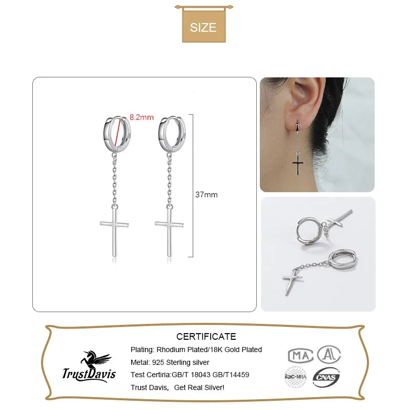 TrustDavis Real 925 Sterling Silver Fashion Cross Chain Hoop Earring For Women Wedding Party Fine S925 Jewelry DA2129
