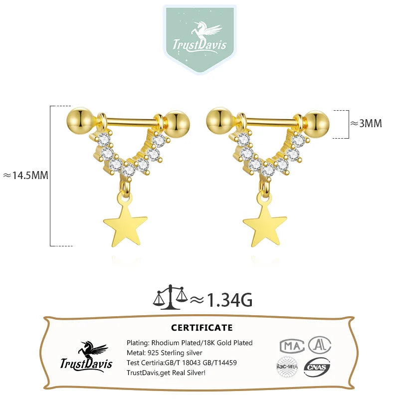 Trustdavis Girls Real 925 Sterling Silver Fashion U-shaped Star Stud Earrings Women Birthday Party Gift Jewelry DS4111