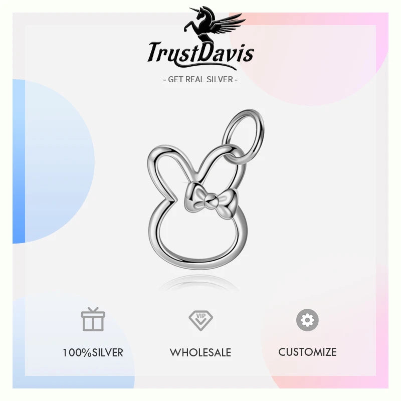 TrustDavis 925 Sterling Silver Classic Fashion Cute Rabbit Bow Pendant DIY Necklace Bracelet Accessories Fine Jewelry DZ1836