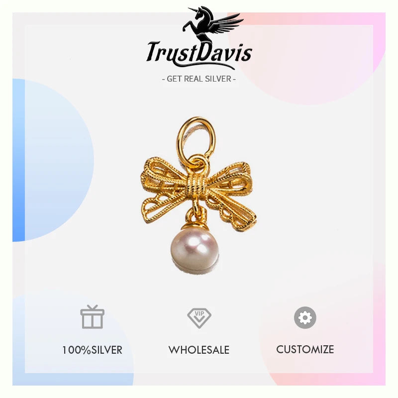 TrustDavis 925 Sterling Silver Fashion Romantic Cute Pearl Bow Pendant DIY Necklace Bracelet Accessories Fine Jewelry DZ1835