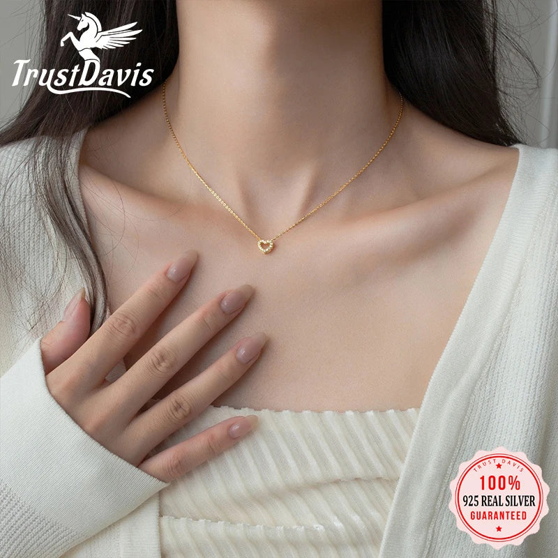 TrustDavis Real 925 Sterling Silver Fashion Simple Heart-shaped Hollow Zircon Necklacefor Women Girls Gift Fine Jewelry DS4700