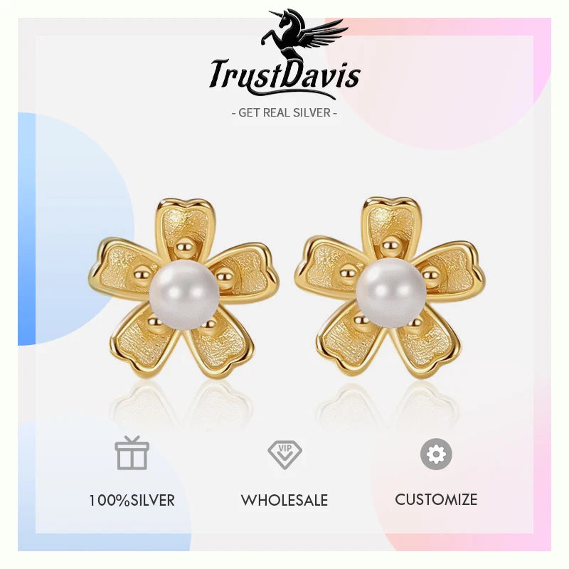 TrustDavis Real 925 Sterling Silver Fashion Simple Sakura Synthetic Pearl Earrings for Women Girls Gift Fine Jewelry DS4679