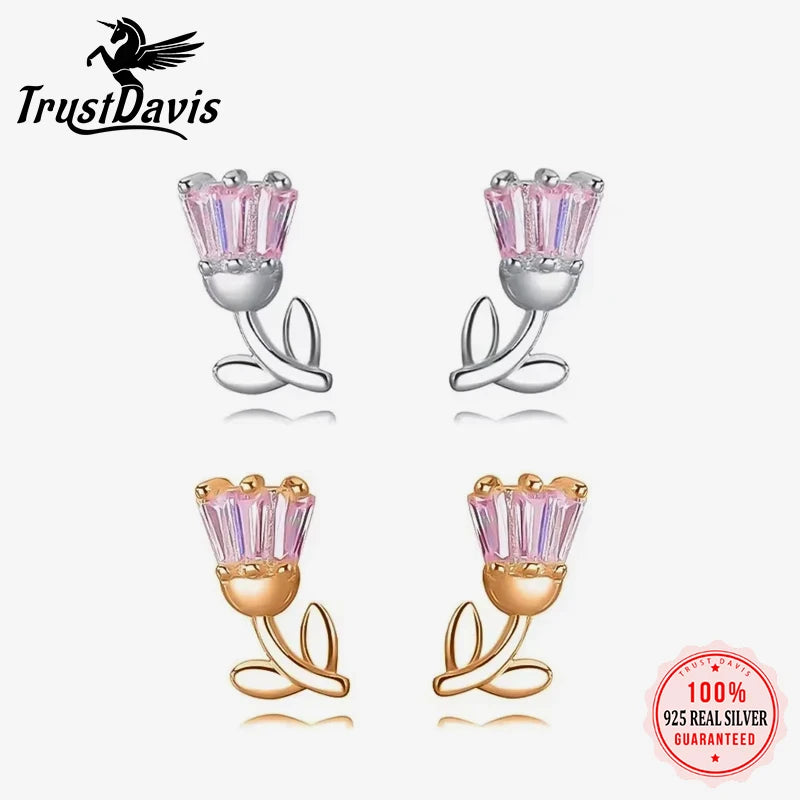 TrustDavis Girls 925 Sterling Silver Elegant Flower Stud Earrings For Women Daughter Girls Birthday Gift Jewelry DS4181