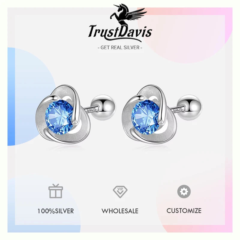 TrustDavis Real 925 Sterling Silver Kids Earrings Triangle Blue CZ Screw Stud Earrings For Daughter Girls Jewelry Gift DF2011