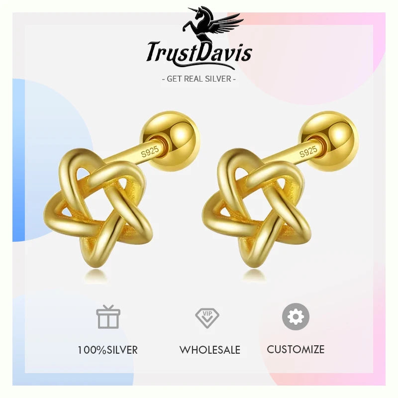 TrustDavis Real 925 Sterling Silver Screw Stud Earrings Fashion Hollow Star Beads Earring For Women Wedding Fine Jewelry DA2557
