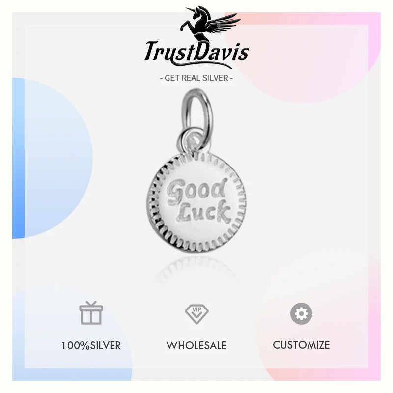 TrustDavis Real 925 Sterling Silver Fashion Lucky Round Card Charm Pendant Handmade DIY Accessories Fine Jewelry Wholesale HY043