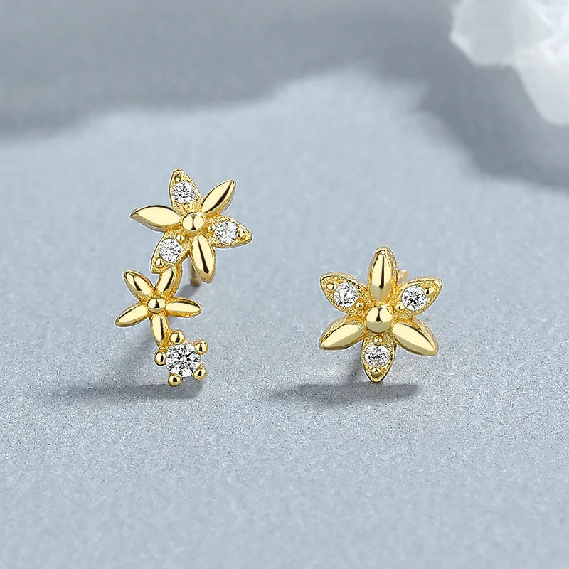Trustdavis Real 925 Sterling Silver Asymmetrical Flowers Stud Earrings Women Girls Daughter Birthday Party Gift Jewelry DS4426