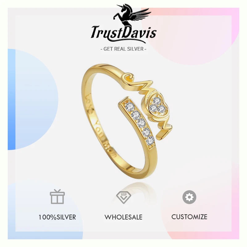 TrustDavis Girls 925 Sterling Silver Fashion Mom Heart Shaped Ring Mom Letter Ring for Mother's Day Birthday Gift Jewelry DS4194