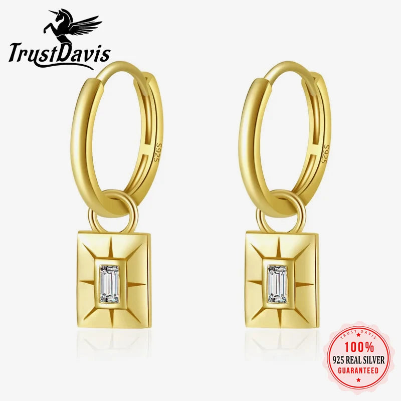 18K Gold Square Shiny CZ Pendant Hoop Earrings DF248