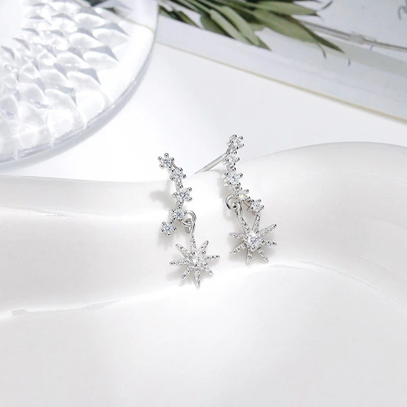 TrustDavis 925 Sterling Silver Women's Fashion Simple Starry Sky Zircon Tassel Earrings for Women Girls Jewelry Gift DS4338