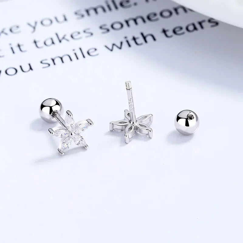 Flower Shiny CZ Bead Screw Stud Earrings For Women Wedding Fine Jewelry DA2491