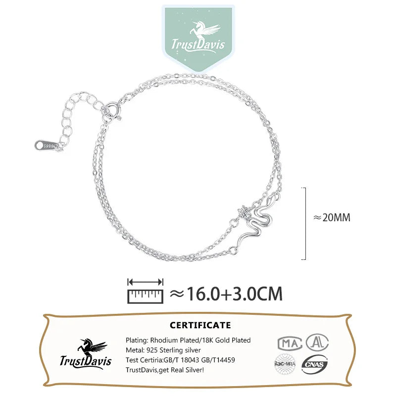 TrustDavis 100% 925 Sterling Silver Fashion Women's Jewelry Double Layer Snake Bracelet for Wife Best Firend Gift DS4188