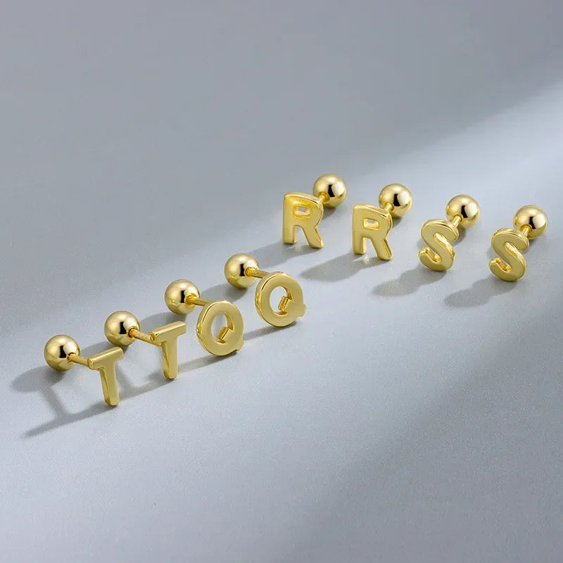 TrustDavis Real 925 Sterling Silver Stud Earrings 26 Letter CZ Screw Beads For Women Children Baby Minimalist Jewelry DA2559