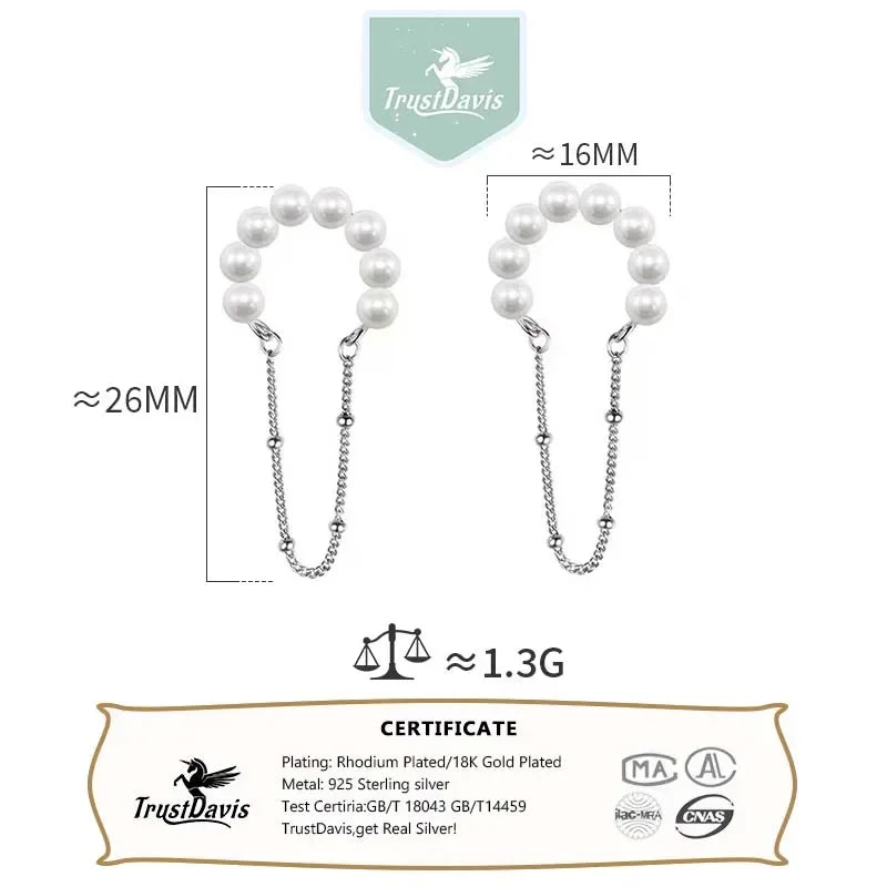 TrustDavis Girls Real 925 Sterling Silver Unique Design Pearl Ear Clip Earrings for Women Wedding Party Fine Jewelry DS4520