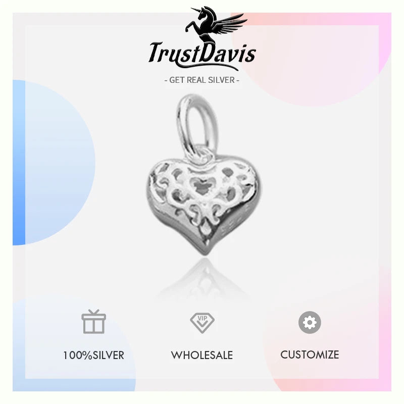 TrustDavis New Real 925 Sterling Silver Fashion Simple Hollow Heart Charm Pendant Handmade DIY Accessories Wholesale DZ1723