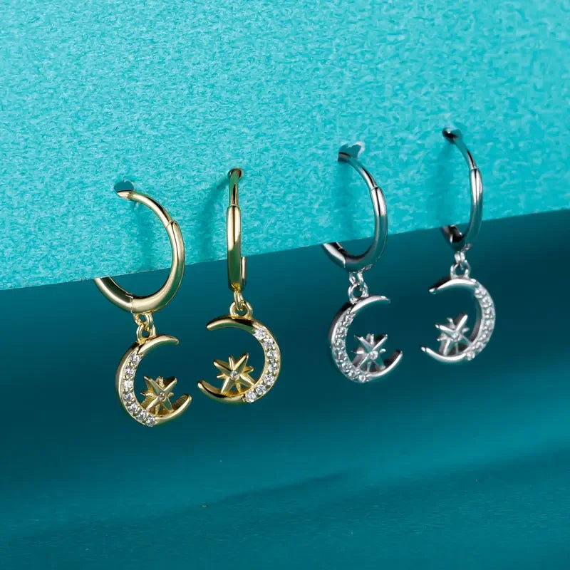 Real 925 Sterling Silve Fashion Asymmetric Star Moon Pendant Hoop Earrings DA2646