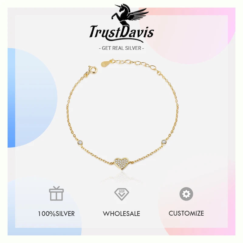 Trustdavis Real 925 Sterling Silver Sweet Simplicity Heart Zircon Bracelet Women Girls Birthday Party Gift Jewelry DS4140