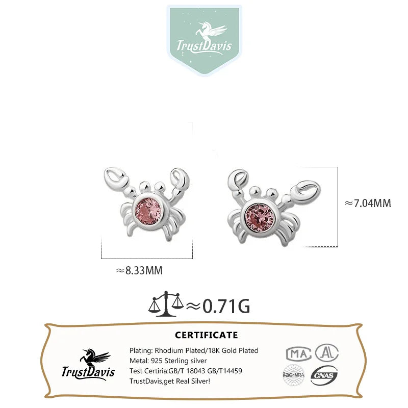 Trustdavis Girls Real 925 Sterling Silver Cute Animal Crab Stud Earrings for Girls Daughter Birthday Party Gift Jewelry DS4196