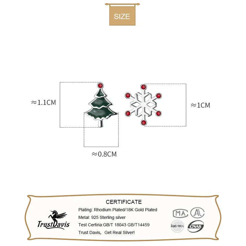 TrustDavis 925 Sterling Silver Asymmetric Snowflake Christmas Tree Stud Earring For Women Wedding Party Fine S925 Present DA227