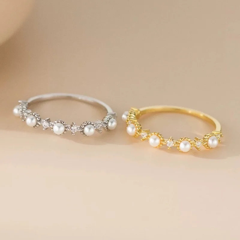 TrustDavis Real 925 Sterling Silver Women's Fashion Pearl Stacked Band Zircon Ring for Women Girls Fine Jewelry Gift DS4753