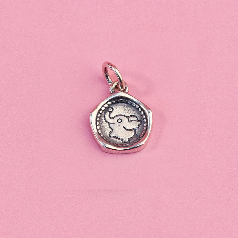 TrustDavis 925 Sterling Silver Cute Circular Elephant Charms Pendant for Bracelet Necklace DIY Accessories DZ1660