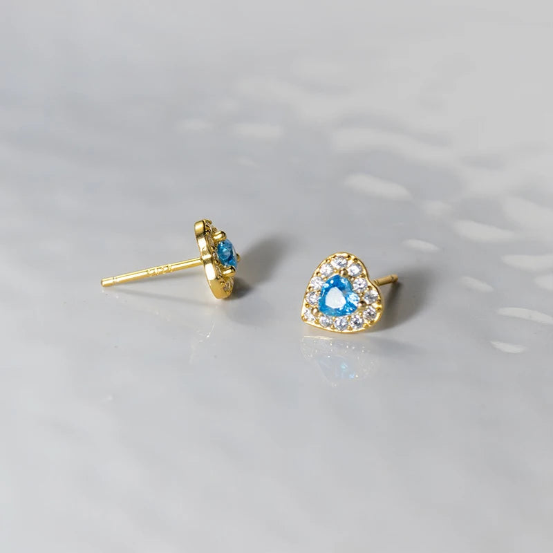TrustDavis 925 Sterling Silver Fashion Heart Shaped Earrings Blue Diamond Stud Earrings for Women Fine Jewelry Gift DS4167