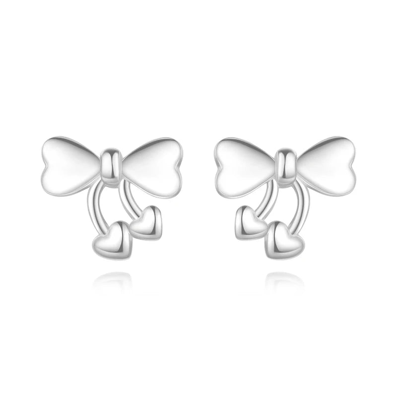 999 Sterling Silver Cute Heart Bowknot Screw Stud Earrings DS4626