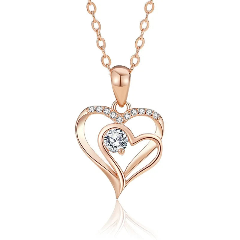 TrustDavis 925 Sterling Silver Heart-shaped Necklace Double Heart Necklace with CZ for Mother's Day Birthday Gift Jewelry DS4201