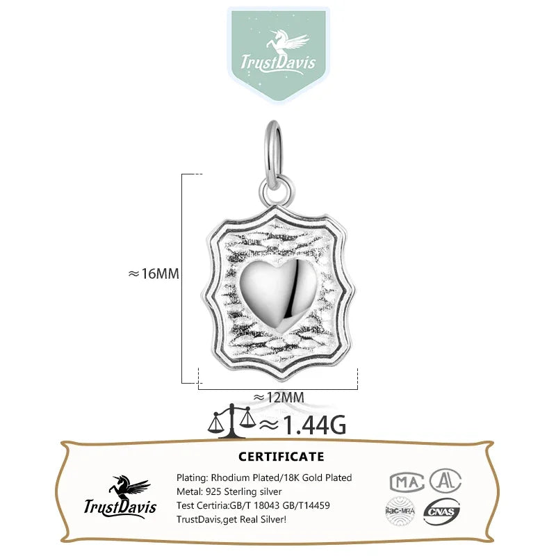 TrustDavis Real 925 Sterling Silver Vintage Wave Heart Charm Pendant for Women Kids Handmade DIY Accessories Jewelry DZ1006