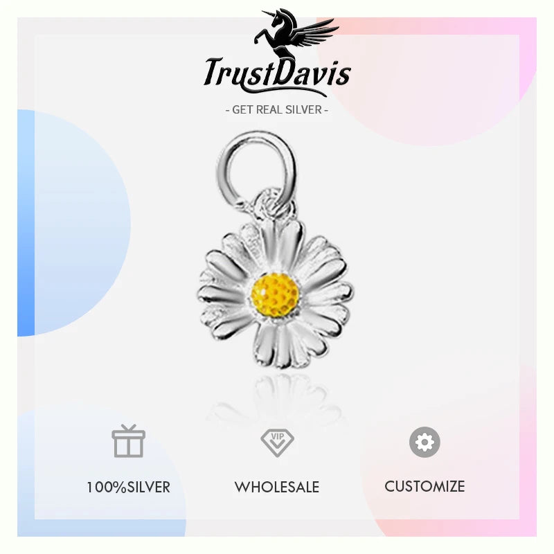TrustDavis New Real 925 Sterling Silver Fashion Daisy Flower Charm Pendant Handmade DIY Accessories Wholesale DZ1722