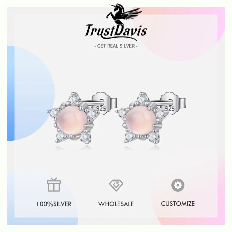 Real 925 Sterling Silver Pink Cat's Eye Star Stud Earrings DA2974