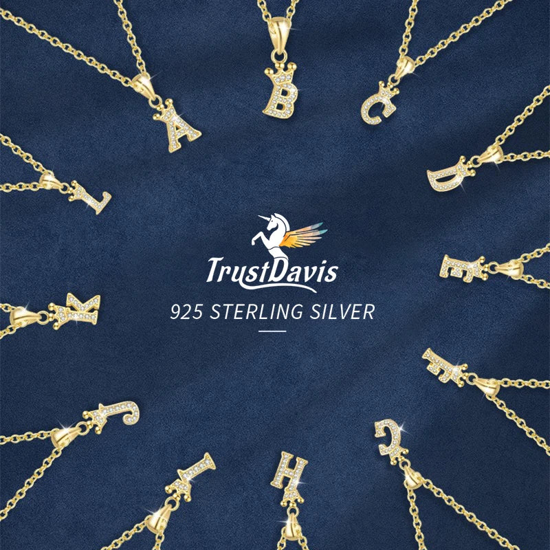 TrustDavis 925 Sterling Silver Women's Fashion Crown 26 Letter Pendant Zircon Necklace for Women Girls Jewelry Gift DS4445