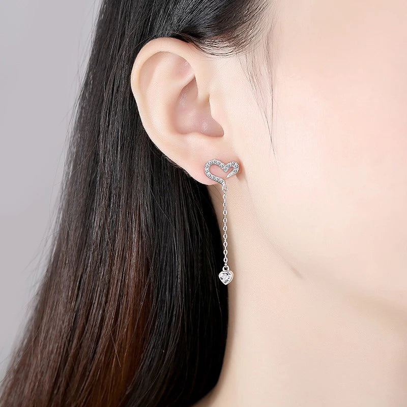 TrustDavis 925 Sterling Silver Women's Fashion Heart-shaped Asymmetric Zircon Drop Earrings for Women Girls Jewelry Gift DS4346