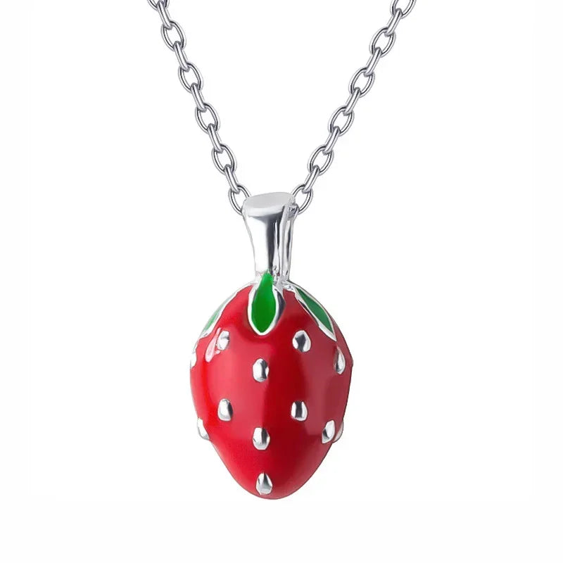 TrustDavis Women's Fashion 925 Sterling Silver Jewelry Cute Strawberry Pendant Short Necklace Cute Gift Girls Lady DS513