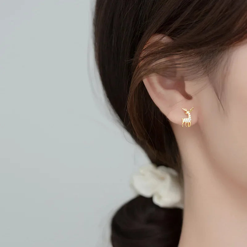 TrustDavis Real 925 Sterling Silver Asymmetric Christmas Trees Deer Stud Earrings For Women Christmas Presents Jewelry DS3363