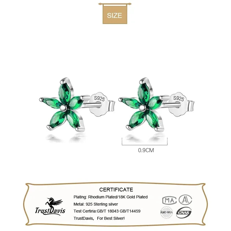 TrustDavis Original Sterling Silver Blue Green Purple CZ Flower Stud Earrings For Women Daughter Girls Fine S925 Jewelry DS4147