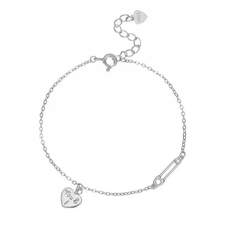 TrustDavis Girls 925 Sterling Silver Fashion Simple Heart Letter Paperclip Bracelet for Women Girl Gift Fine Jewelry DS4687