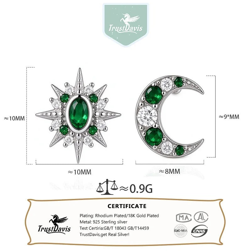 Silver Stars Moon Emerald Zircon Stud Earrings DS5018