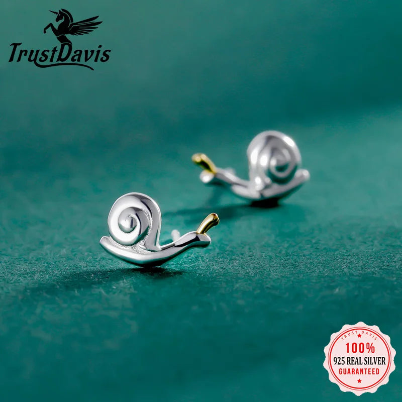 TrustDavis Real 925 Sterling Silver Sweet Personality Creative Snail Stud Earrings Gift For Women Girls Kids Lady Jewelry DF350