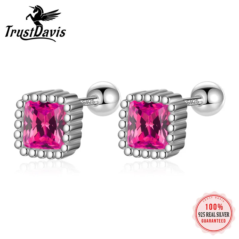 TrustDavis 100% 925 Sterling Silver Square Zircon CZ Screw Stud Earrings for Daughter Girls Fine Jewelry Gift DF2043