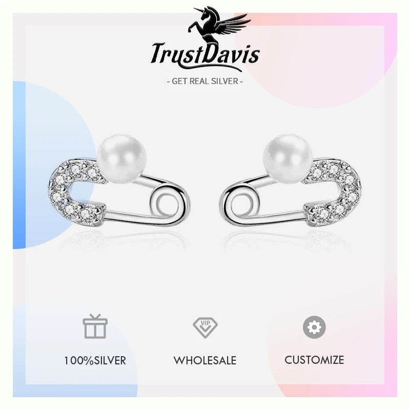 TrustDavis 925 Sterling Silver Women's Fashion Simple Pearl Paper Clip Stud Earrings for Women Girls Jewelry Gift DS4296