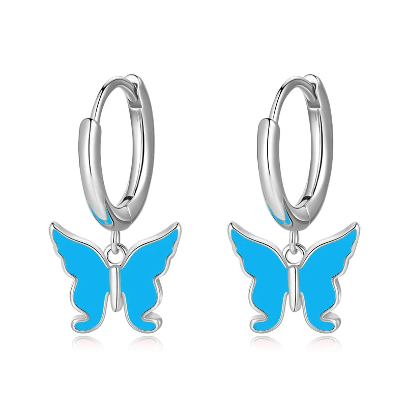 TrustDavis Real 925 Sterling Silver Charm Glaze Butterfly Pendant Hoop Earrings For Women Wedding Party Fine Jewelry Gift DS4593