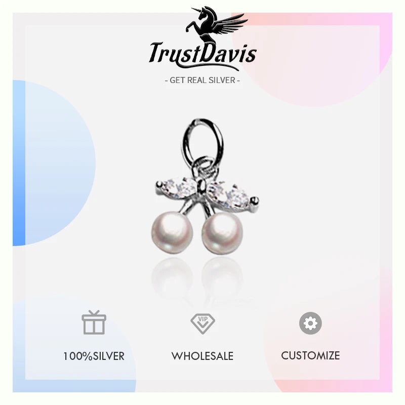 TrustDavis Real 925 Sterling Silver Fashion Bow Pearl Cherry Charm Pendant Handmade DIY Accessories Wholesale Jewelry DZ1701