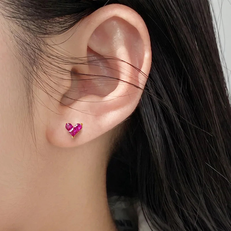 Real 925 Sterling Silver Heart Red Zircon Stud Earrings DS4953